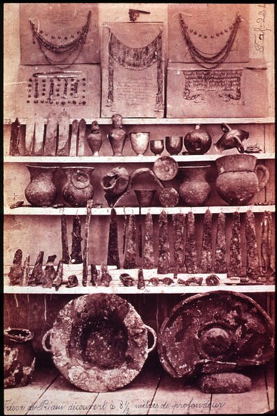 The so-called Priam's Treasure, discovered at and illegally taken from Troy by the German archaeologist Heinrich Schliemann. It disappeared in 1945 fr