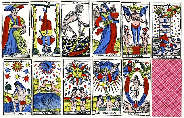 Trumps of the Tarot de Marseilles, a standard 18th-century playing card pack, later also used for divination