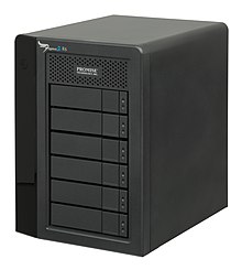 A multiple hard disk storage device that attaches to a computer through a Thunderbolt connection Promise-Tech-Pegasus2-R6-DAS.jpg