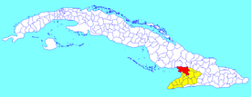 Río Cauto municipality (red) within Granma Province (yellow) and Cuba