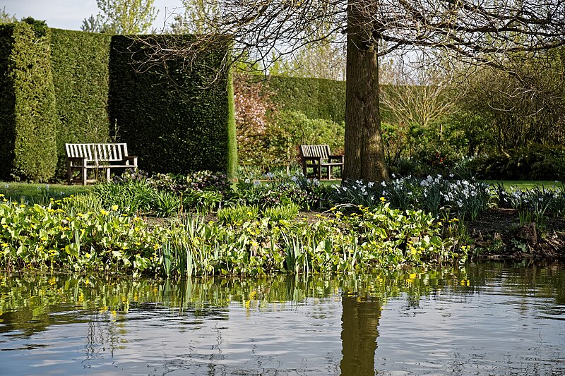 File:RHS Garden Hyde Hall, Essex, England ~ Upper Pond border and benches.jpg