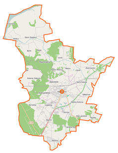 Mapa konturowa gminy Radzymin, w centrum znajduje się punkt z opisem „Radzymin”