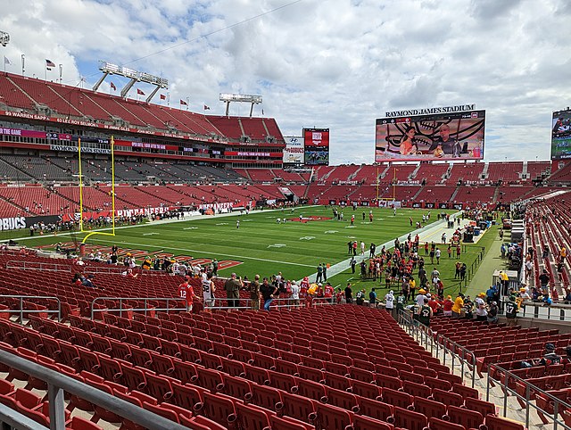 View of Raymond James Stadium with the new Krewe's Nest seating expansion in the south end zone in 2022