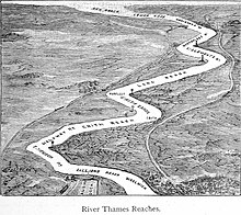 This 1884 aerial map ascribes 10 names for stretches of the Thames Estuary (reaches) east of the first consistently named elsewhere, Gallions Reach. Many of the names and extents are in flux River Thames Reaches.jpg