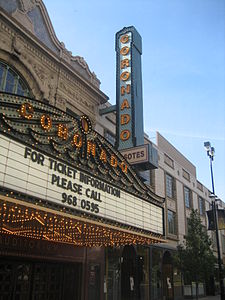 The Coronado Theatre marquee in its Art Deco styling over Main Street.