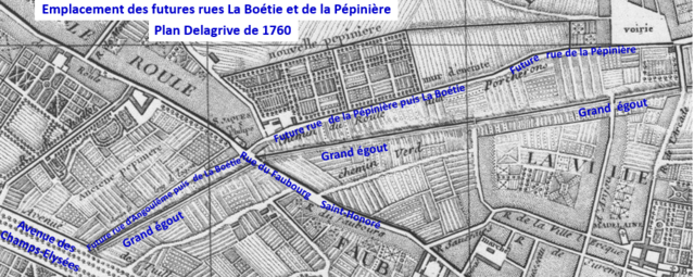 Emplacement des futures rues La Boétie et de la Pépinière en 1760.