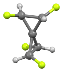 One of the two meso isomers of 1,2,3,4-tetrafluorospiropentane, with S4 symmetry. S4-tetrafluorospiropentane-3D-bs-17.png