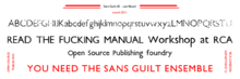 Sample of the Sans Guilt font, a reinterpretation of the Gill Sans by OSP, a Belgian design collective in collaboration with students from the Royal College of Art, available under OFL. Sans Guilt LB sample.png