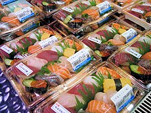 Packaged nigirizushi for sale at a Tokyo supermarket Sashimi for sale.JPG