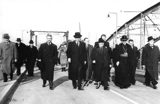 Croatian Ban Ivan Šubašić, Vladko Maček and Archbishop Alojzije Stepinac opening the Sava Bridge in Zagreb