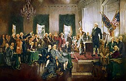 Painting by Howard Chandler Christy, depicting the signing of the Constitution of the United States, with Washington as the presiding officer standing at right