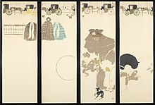 Nannies’ Promenade, decorative screen showing a procession of carriages with nurses and children (1897), National Gallery of Victoria.  As in Japanese screens, the action is read from right to left.