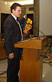 Krzysztof Tyszkiewicz, Polish MP presenting heave rucksack of his daughter.