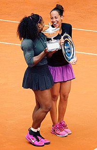 Keys and Serena Williams at 2016 Italian Open trophy presentation Serena Williams and Madison Keys Rome Masters 2016.jpg