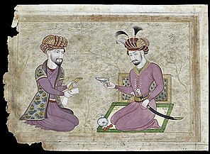 Kresba dvou sedících mužů.