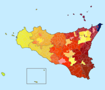 Mappa linguistica della Sicilia. Caltagirone è identificata come comune siculofono con tenui tracce gallo-italiche