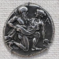 Coin from ancient Thasos showing Satyr and nymph, late 5th century BC.Archilochus was involved in the Parian colonization of Thasos about two centuries before the coin was minted. His poetry includes vivid accounts of life as a warrior, seafarer and lover.