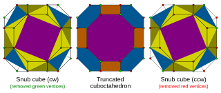 Like the 3-dimensional snub cube, , an alternation removes half the vertices, in two chiral sets of vertices from the ringed form , however the uniform solution requires the vertex positions be adjusted for equal lengths. In four dimensions, this adjustment is only possible for 2 alternated figures, while the rest only exist as nonequilateral alternated figures. Snubcubes in grCO.svg