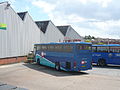 Southern Vectis 531 Nodes Point (VDL 744), a DAF SB3000/Plaxton Premiere in the Southern Vectis bus depot in Park Road, Ryde, Isle of Wight. It is seen having just gone through the bus wash to be cleaned, with water drips visible on the ground.