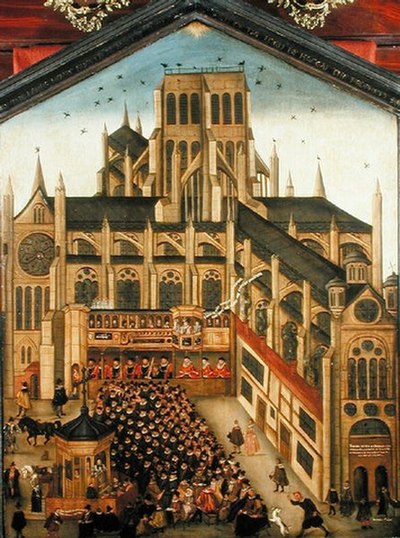 A sermon preached from Paul's Cross (in the lower-left corner) in 1614 (note the cathedral's central tower is missing its spire, lost after a fire in 