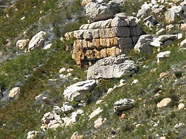ערימה של אבן חול מפוצלת מתחת לצוק אבן חול של ארז