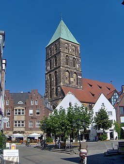 The Marktplatz, market place, with in the background the city church Sankt Dionysus in Rheine in North Rhine-Westphalia, Germany