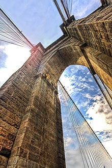 View of the pointed arches of the suspension tower from below