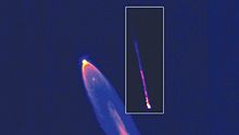 Infrared thermal imagery of Falcon 9 SpaceX CRS-4 launch. The larger image was captured shortly after second stage separation from the first stage: the top of the first stage appears as a dim dot below the larger plume. In the inset, the restarted first stage engines power the stage. SupersonicRetropropulsion-Falcon9 first stage on SpaceX CRS4, 21 September 2014.jpg