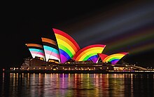 The Sydney Opera House lit up for WorldPride in 2023 Sydney Opera House World Pride.jpg