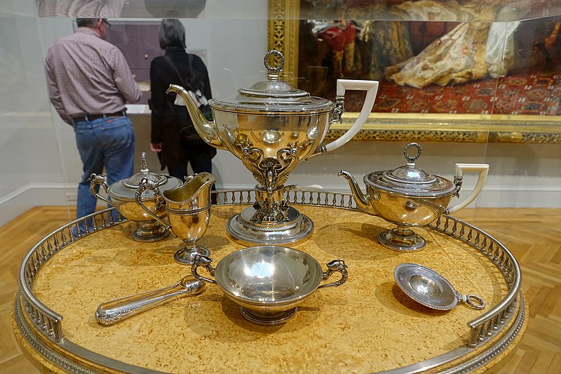 File:Tea service and table, Peter Carl Faberge, Russia, Saint Petersburg, c. 1900, lemonwood, karelian birch, silver, gilt, ivory - California Palace of the Legion of Honor - San Francisco, CA - DSC02910.jpg