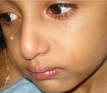 a young olive skinned boy crying and looking demurred
