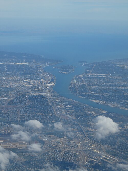 Aerial view of the Detroit River looking north