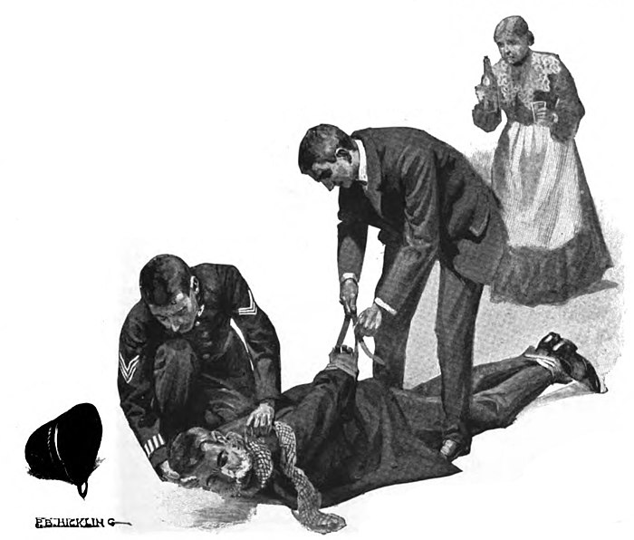 Illustration of a bound man being attended to by a policeman and another man while a maid looks on