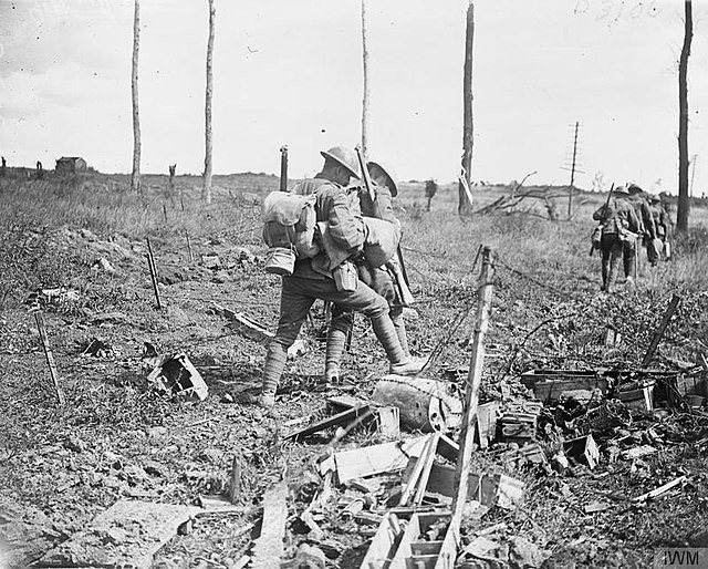 Troops of the Royal Inniskilling Fusiliers, 36th (Ulster) Division, advancing from Ravelsburg Ridge to the outskirts of Neuve Eglise, 1 September 1918
