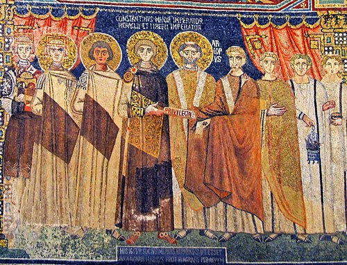 Constantine IV and his retinue, mosaic in Basilica of Sant'Apollinare in Classe. Constantine IV defeated the First Arab siege of Constantinople.