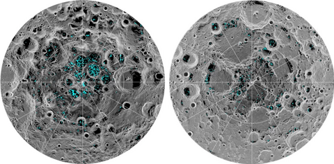 The image shows the distribution of surface ice (shown in blue color) at the Moon's south pole (left) and north pole (right) as viewed by NASA's Moon Mineralogy Mapper (M ) spectrometer onboard India's Chandrayaan-1 orbiter The image shows the distribution of surface ice at the Moon's south pole (left) and north pole (right).webp