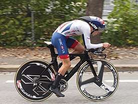 Pidcock won the junior time trial at the 2017 UCI Road World Championships Thomas Pidcock (cropped).jpg