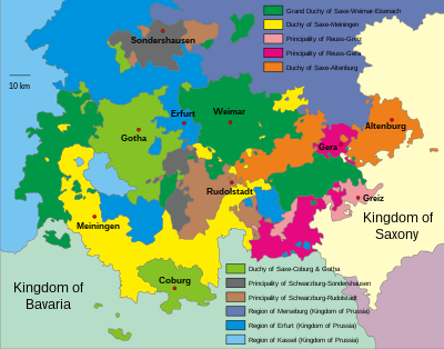 The Thuringian states and their capitals until 1918
Free states 1918-1920; united as Thuringia since 1920
Ernestine duchies
(Ernestines - House of Wettin)
.mw-parser-output .legend{page-break-inside:avoid;break-inside:avoid-column}.mw-parser-output .legend-color{display:inline-block;min-width:1.25em;height:1.25em;line-height:1.25;margin:1px 0;text-align:center;border:1px solid black;background-color:transparent;color:black}.mw-parser-output .legend-text{}
Duchy of Saxe-Coburg and Gotha (Gotha, Coburg)
Grand Duchy of Saxe-Weimar-Eisenach (Weimar)
Duchy of Saxe-Altenburg (Altenburg)
Duchy of Saxe-Meiningen (Meiningen)
Reussian principalities
(House of Reuss - Vogte (advocates) of Weida, Gera and Plauen)
Principality of Reuss-Gera (Gera)
Principality of Reuss-Greiz (Greiz)
United as People's State of Reuss (Gera) 1919-1920
Schwarzburgian principalities
(House of Schwarzburg)
Principality of Schwarzburg-Rudolstadt (Rudolstadt)
Principality of Schwarzburg-Sondershausen (Sondershausen)
Surrounding states and their capitals
Kingdom of Prussia (Berlin), Province of Saxony (Magdeburg), Region of Erfurt (Erfurt)
Kingdom of Prussia, Province of Hesse-Nassau (Kassel), Region of Kassel (Kassel)
Kingdom of Prussia, Province of Saxony, Region of Merseburg (Merseburg)
Kingdom of Bavaria (Munich)
Kingdom of Saxony (Dresden)
Not in the German Empire
Austria-Hungary (Vienna), Cisleithania (Vienna), Kingdom of Bohemia (Prague) Thuringia 1910 - en.svg