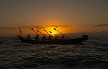 Tar was used in the construction of plank boats known as te'aats or tomols (pictured) unique to the Tongva and Chumash as the only seafaring vessels of their kind along the West Coast. Tomol Crossing Sunrise.jpg