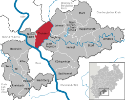 Troisdorfs läge i distriktet Rhein-Sieg-Kreis och delstaten Nordrhein-Westfalen