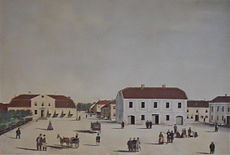 Varbergs torg 1859. Det blå huset i mitten av bilden är rådhuset, nedbrunnet 1863.