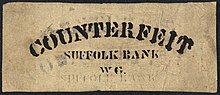 White River, Vermont 3 dollar bank note marked counterfeit by the Suffolk bank. Verso White River Bank (Vermont) 3 dollars 18 urn-3 HBS.Baker.AC 1124369.jpeg