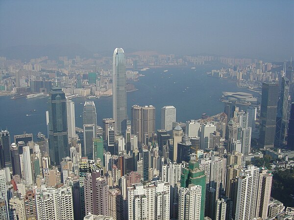 View of Central and Victoria Harbour from Victoria Peak. Tsim Sha Tsui is visible across the harbour.