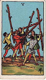 Five of Wands from the Rider-Waite tarot deck Wands05.jpg