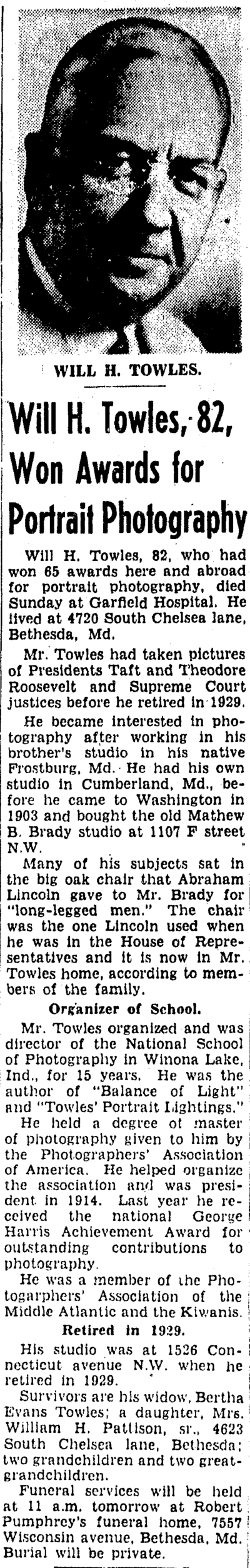 Thumbnail for File:William H. Towles (1872-1954) obituary in the Evening Star of Washington, DC on February 16, 1954.png