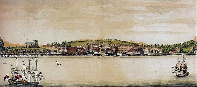 Woolwich Dockyard in 1698: the recently erected Great Storehouse (centre-right) dominates the built environment of the dockyard.