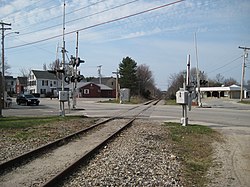 Yarmouth Crossing, where Main Street traverses the St. Lawrence and Atlantic Railroad, looking north from Railroad Square Yarmouth Crossing, Yarmouth, Maine.jpg