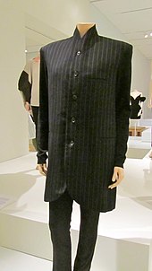 Japanese pinstripe Nehru suit, 1990s. Yohji Yamamoto wool suit c 1990.jpg