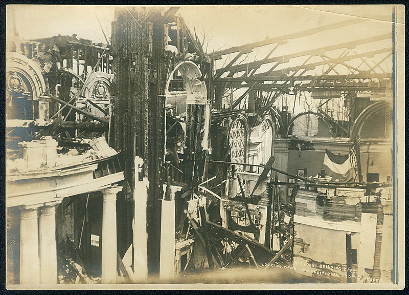 File:"Missouri Building Fire. Looking Down Into Auditorium From Second Floor." (Interior of the Missouri State Building at the 1904 World's Fair after a fire).jpg