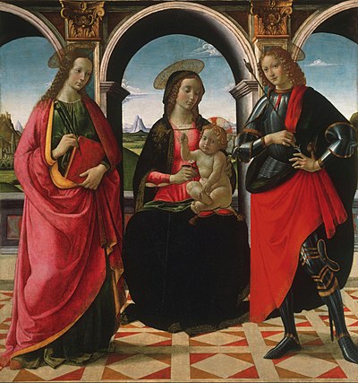 The Virgin and Child with Saints Apollonia and Sebastian, tempera on panel painting by Davide Ghirlandaio, 1490s, Philadelphia Museum of Art.